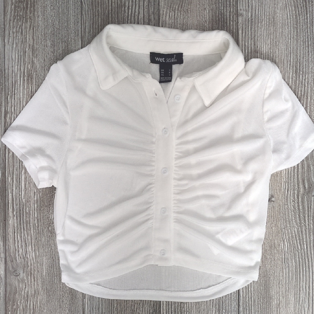 Wet Seal Women's White Button Down Ruched Shirt S NWOT